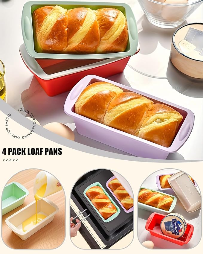 Mini Silicone Bread Loaf Pan, Non-Stick Bread Pans for Baking,Flexible Silicone Baking Molds for Bread, Cake, Meatloaf Size: 7.5''L x 3.7''W x 2.1''H (4PCS-Red+Green+White+Purple)