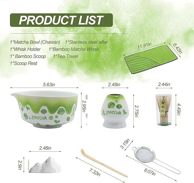 Matcha Whisk Set 7 Pcs Ceramic Matcha Set Includes Matcha Bowl, Matcha Whisk and Holder, Bamboo Scoop, Scoop Rest, Sifter and Tea Towel - Matcha Kit for Matcha Lovers