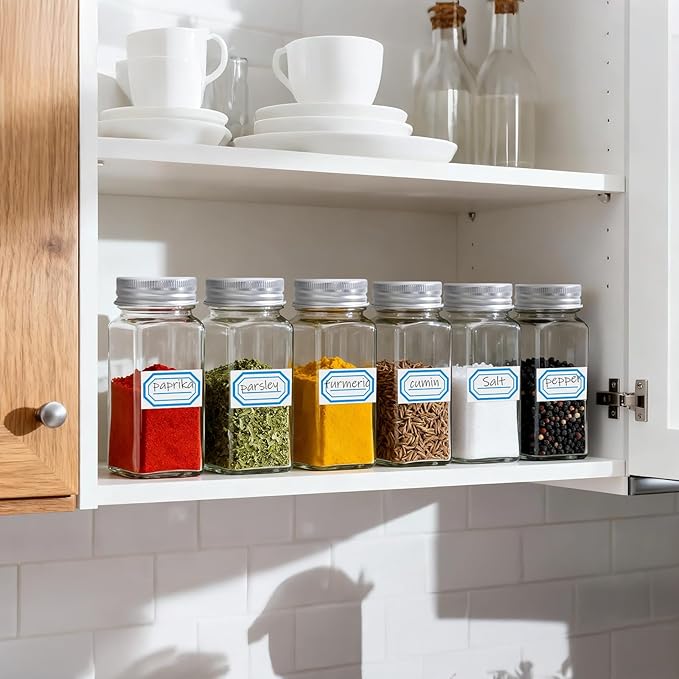 Segarty 4oz Spices Jars with Silver Aluminum Lid, 6 Pack Square Spice Containers, Empty Glass Seasoning Organizers for Condiments Storage, 120ml Small Salt and Pepper Shakers with 7 Stickers, 1 Brush