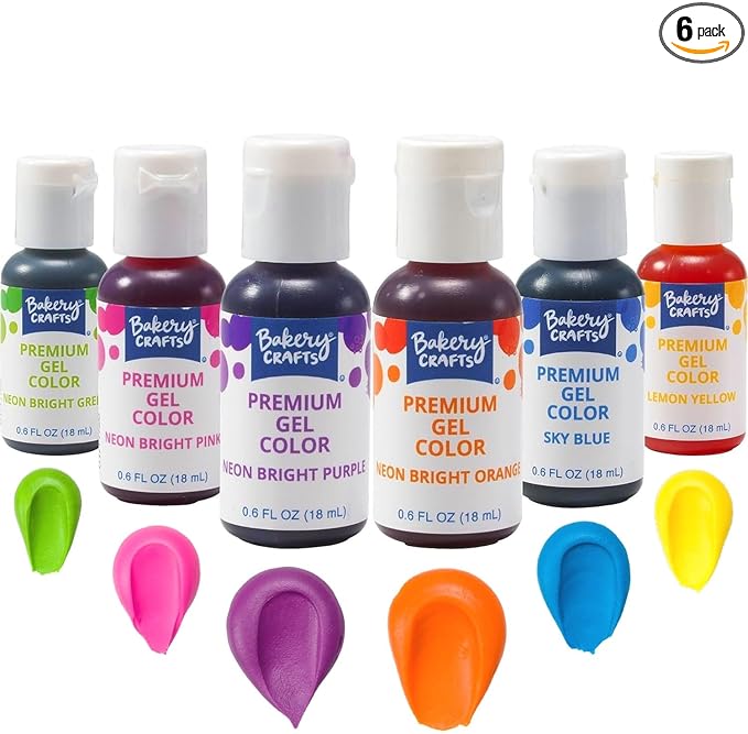 Bakery Crafts Premium Gel Neon Food Coloring 6 Bottle Assortment, 3.6 Fl Oz, Bright Edible Color For Christmas Baking And Decorating, Highly Concentrated, Yellow, Orange, Purple, Blue, Pink, Green | 6 x 0.6FL | Made in USA
