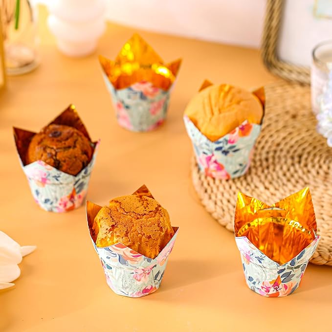 Flower Tulip Cupcake Liners Wrappers Baking Cups Cupcake 100 Pcs Food Grade Gold Foil Green Floral Design for Bridal Shower Wedding Festival Party
