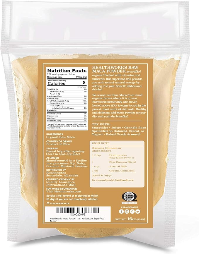 Healthworks Superfoods Organic Maca Powder Raw - 16 Oz / 1 Lb - Certified Organic Flour Use - Keto, Vegan & Non-GMO - Premium Peruvian Origin - Breakfast, Smoothies, Baking & Coffee - Antioxidant