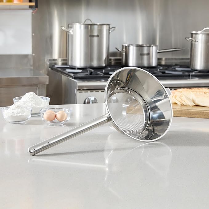 Restaurantware Chinois Strainer 1 Count 10.2" Stainless Steel Bouillon Cone with Extra Fine Mesh China Cap Strainer for Sauces, Stocks, Soups, Broths, Sifting, Sieving, Professional Kitchen Tools