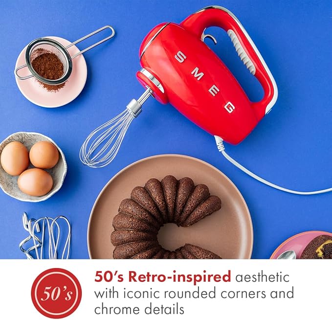 SMEG Red 50's Retro Style Electric Hand Mixer with Set of Beaters, Set of Dough Hooks and Set of Whisks