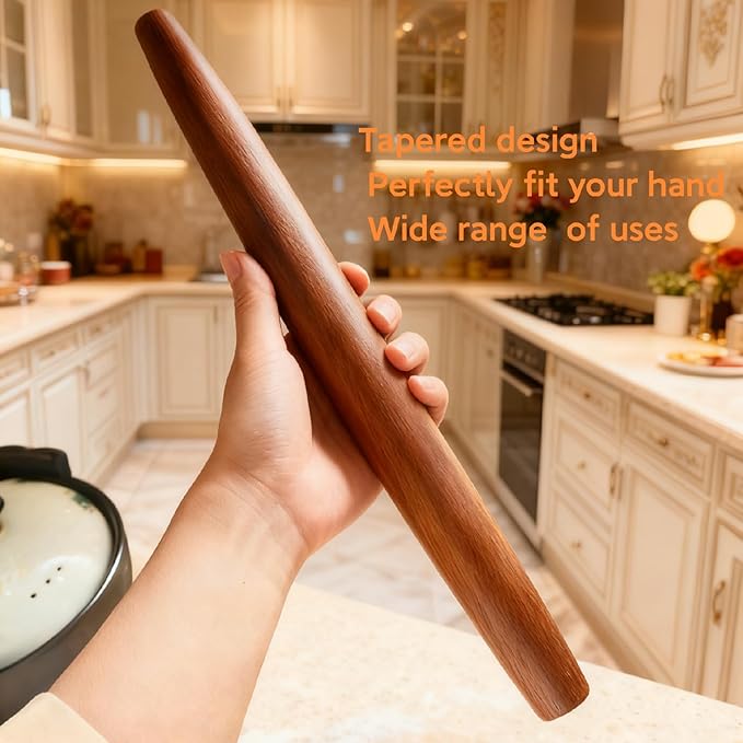 French Rolling Pin,15.75 Inches Wooden Rolling Pin for Baking,Fondant,Dough Roller for Cookie,Pizza Pie Crust, Pastry, Dough, Essential Kitchen Utensil (Brown wood color)