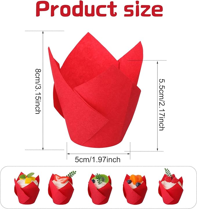 Jutom 200 Pack Tulip Cupcake Liners Paper Baking Cups Greaseproof Muffin Liners Grease Resistant Cupcake Wrappers for Weddings Birthday Cake Balls Muffins Candy Jelly Party(Red)
