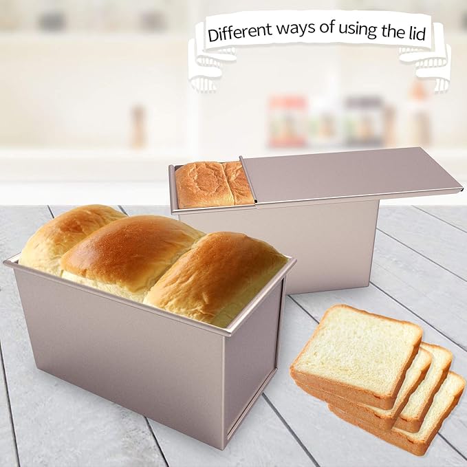 CHEFMADE Pullman Loaf Pan with Lid, 1Lb Dough Capacity Non-Stick Rectangle Flat Bread Pan Bakeware, Toast Mold with Cover for Oven Baking Cakes, Breads and Meatloaf (Champagne Gold)