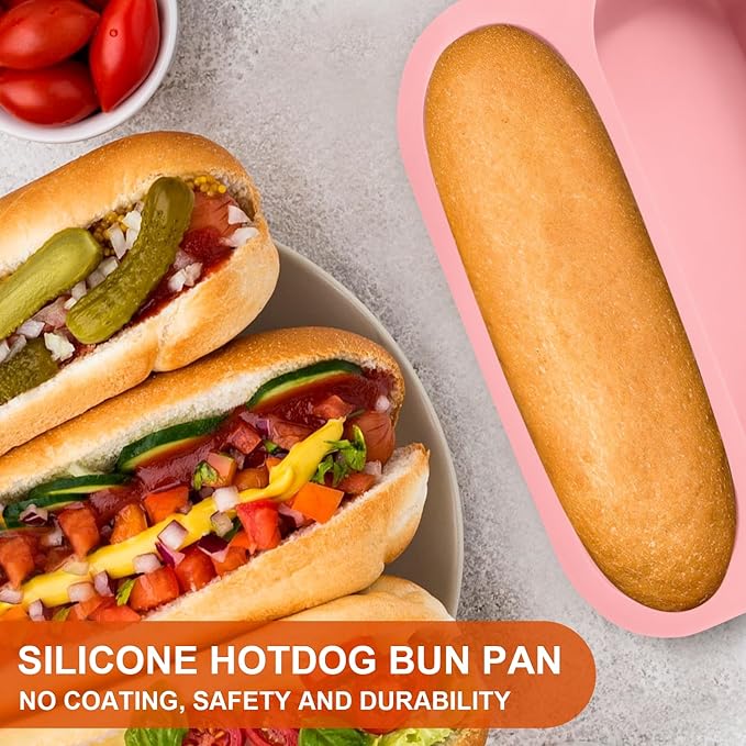 2 Pack Silicone Hot Dog Bun Pans, 6x9 Inch Non-Stick Baking Mold – Perfect for Homemade Hotdog Buns, Mini Baguettes & Rolls – Dishwasher Safe, 4-Cup Capacity (Pink)