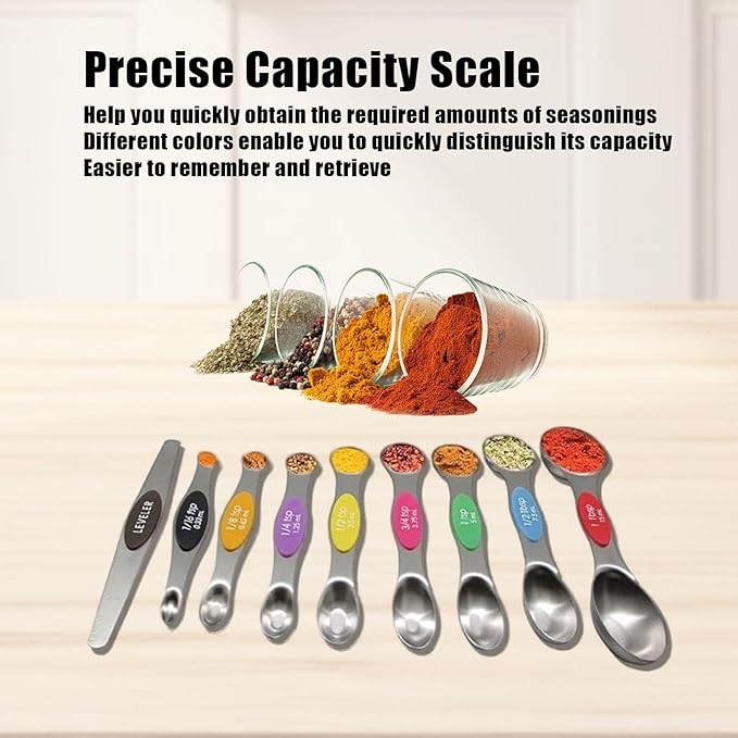 8-Piece Measuring Magnetic Spoons Set with Leveler - Stainless Steel for Measuring Dry and Liquid Ingredients, Double Ended, Stackable & Nested Fits in Kitchen Spice Jars for Baking & Cooking