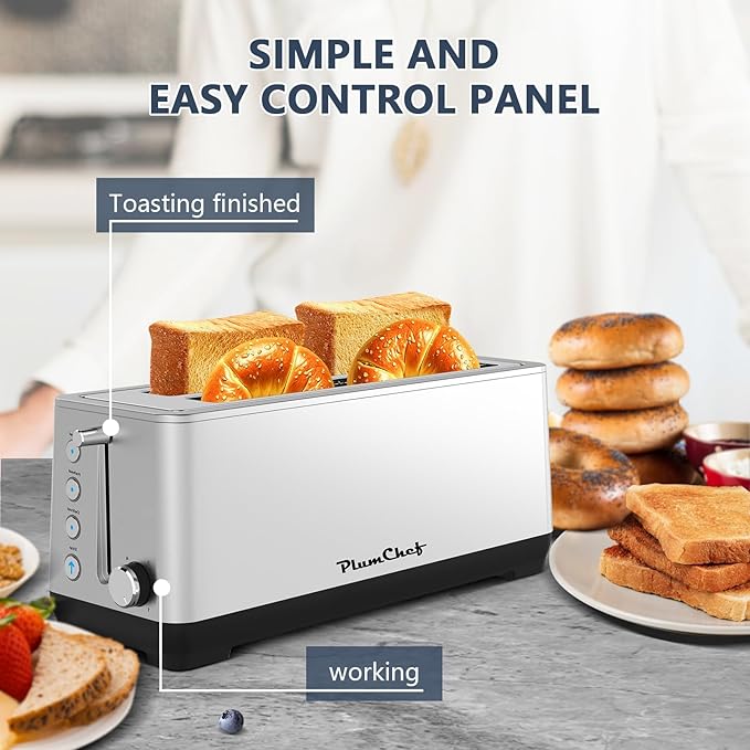 4-Slice Toaster, Extra Wide Long Slot Toaster, 6 Browning Settings, Bagel/Defrost/Reheat Functions, Removable Crumb Tray, Stainless Steel Housing (Silver)
