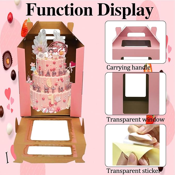 Cake Boxes - 2 Pack Tall Cake Box 12x12x14 Inch Disposable Layer Carrier with Window Large Tierd Cake Out Transport Containers with Handle for Wedding, Birthday, Party