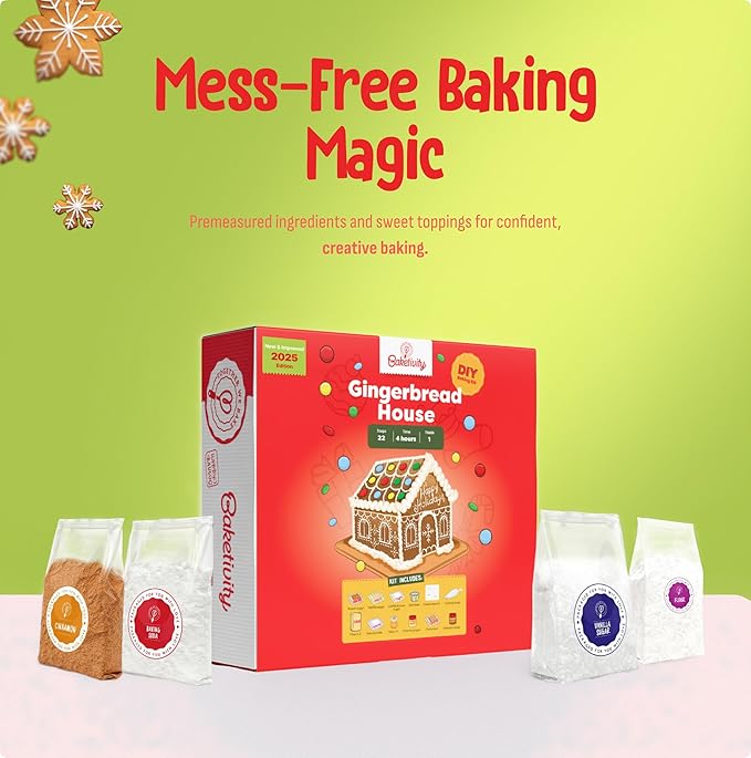 Baketivity Baking Kit Holiday Gingerbread House Kit - Bake And Build Edible Gingerbread House - Create a Treat Gingerbread House Kit - Kids Baking Set With Materials And Premeasured Ingredients