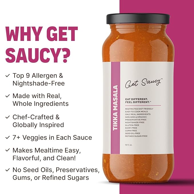 Get Saucy Tikka Masala Sauce - Gluten-Free, Dairy-Free, Corn-Free, Seed Oil-Free, Refined Sugar-Free, Nightshade-Free, Organic, Non-GMO, Preservative-Free, Healthy & Easy Meal (3 Pack, 48oz)