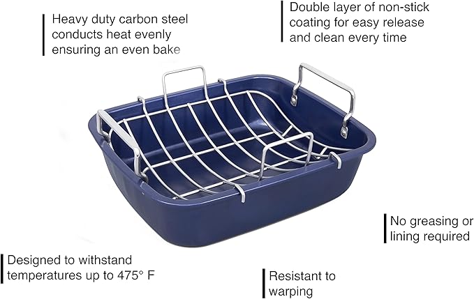 Zyliss E980206 Non-Stick Roasting Tin with Rack, Carbon Steel, Dark Blue, Roast Pan/Baking Trays for Oven/Bakeware Tray, Dishwasher Safe