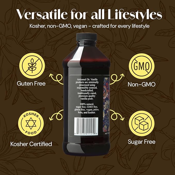 Organic Natural Vanilla For Baking, Sweet Drinks And More, Small Batch, Hand Crafted From Premium Madagascar Bourbon Vanilla Pods, Additive Free, 16 Oz Bottle