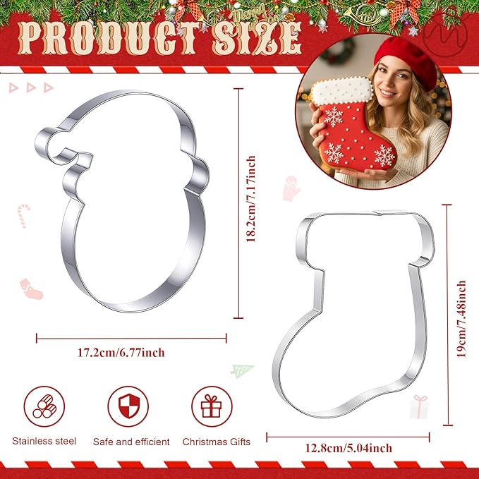 2 Pcs Extra Large Christmas Cookie Cutters 8" Giant Stocking and Santa Claus Stainless Steel Cookie Cutters for Winter Holiday Baking