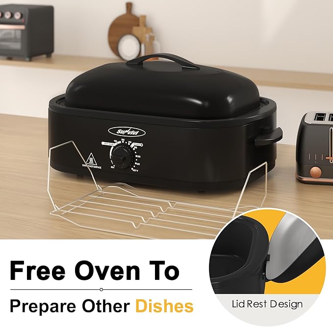 Sunvivi 14-Quart Electric Roaster Oven with Self-Basting Lid, Turkey Roaster Oven with Removable Pan and Rack, Stainless Steel, Black