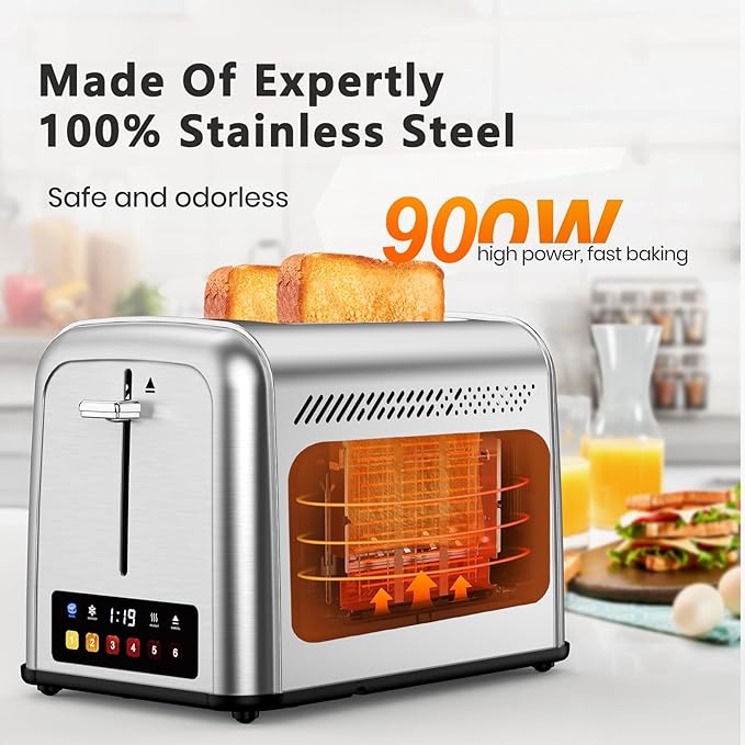 Touch Screen Toaster 2 Slice Retro Stainless Steel,Best Prime 2 Slice Toaster Wide Solt with 6 Shade Settings, Perfect for Waffles, Bagels and More 238TC(Silver)