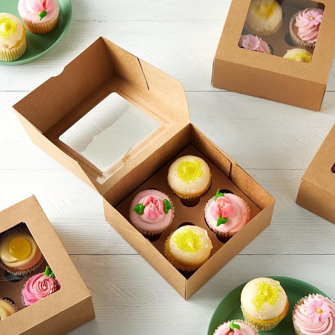 Juvale Cupcake Boxes - Clear Window Display - Easy Assembly for Muffin Packaging - Food Grade Cupcake Containers - Pack of 24, 6-Count, Brown Paperboard, 9.4 x 6.2 x 2.9 in