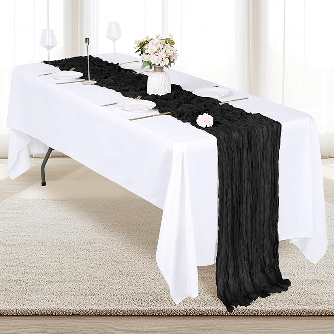 12 Pack Black Cheesecloth Table Runner 17x108 Inch Semi Sheer Boho Gauze Cheese Cloth Fabric Table Runners, for Wedding Party Baby Shower Birthday Home Decor Garden Farmhouse