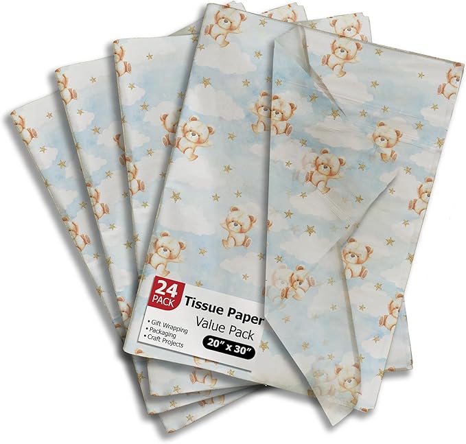 Teddy Bears Printed Tissue Paper for Gift Bags or Boxes and Wrapping - Baby Shower Bulk Decorative Art Tissue Paper for Packaging and Gifting | 24 Sheets 20" x 30"
