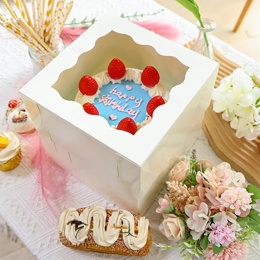 Moretoes 10pcs 8x8x8 Inches Cake Boxes with Window, White Bakery Dessert Boxes, Cajas Pasteles for Cake, Valentine's Day, Mother's Day,Wedding, Birthday, Party