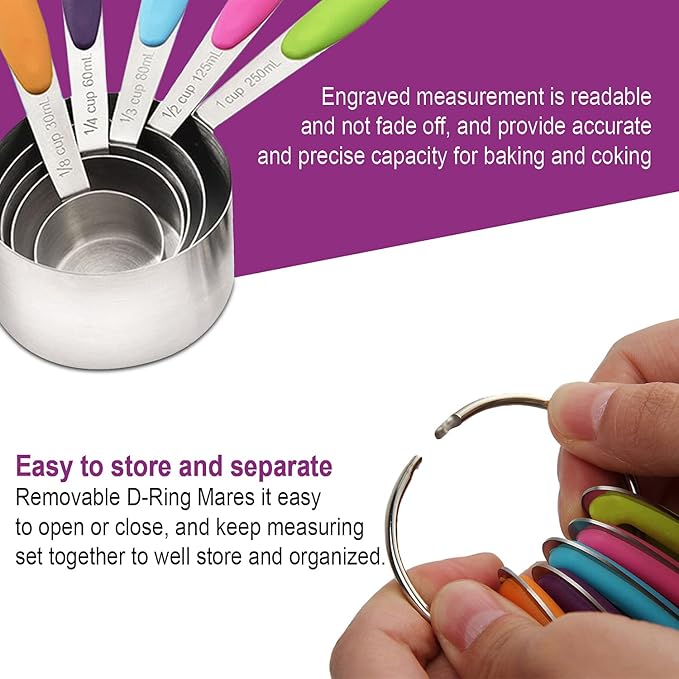 Measuring Cups and Spoons Set 11 Piece. Includes 10 Stainless Steel Measuring Spoons and Cups Set and 1 Plastic Measuring Cup. Liquid Measuring Cups Set and Dry Metal Measuring Cup Set