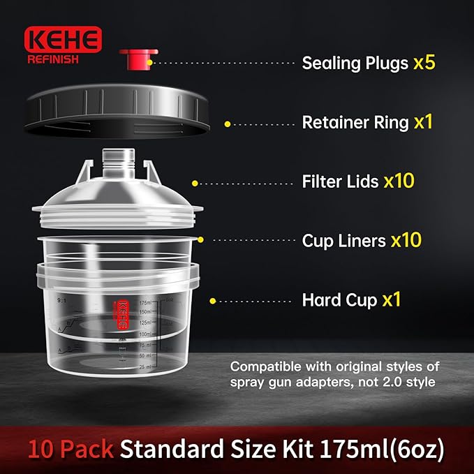 Disposable Paint Cups for Spray Gun,Mixing Cups 6 Ounce (175ml) Kit with 10 Cups and Lids with Strainer System for HVLP&LVLP,1 Hard Cup with Retainer Ring,5 Plugs,1 Cap,1 Wash Bottle