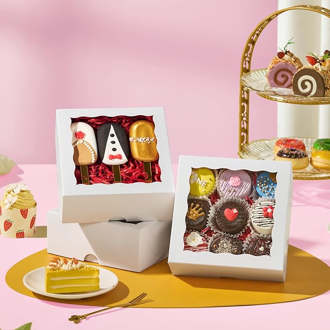 RomanticBaking 54PCS 6"x6"x2.5" Bakery Boxes with Window for Strawberry, Small Cake, Macaron, Pie,Truffle Chocolate & More