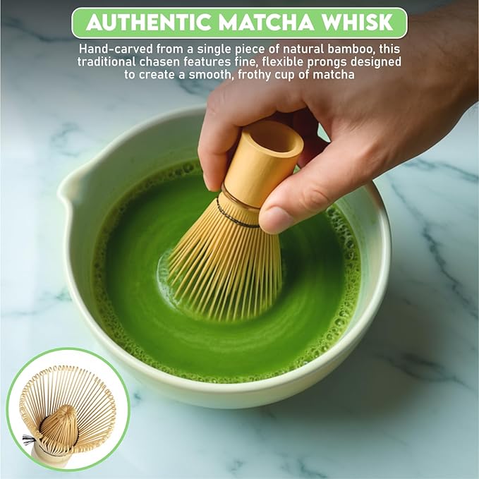 10 Pcs Matcha Kit Set, Ceramic Matcha Set Includes 17oz Matcha Bowl, Bamboo Whisk and Scoop, Whisk Holder, Sifter, Scoop holder, Measuring Cup, Powder Caddy, Tea Towel and Instruction Manual (Green)