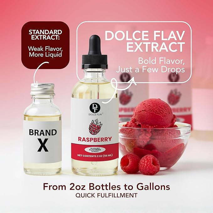 Dolce Flav Raspberry Extract – 2 Ounce Oil-Soluble Kosher, Sugar-Free, Concentrated Raspberry Flavoring for Chocolates, Candies & Baking, Includes Measured Dropper