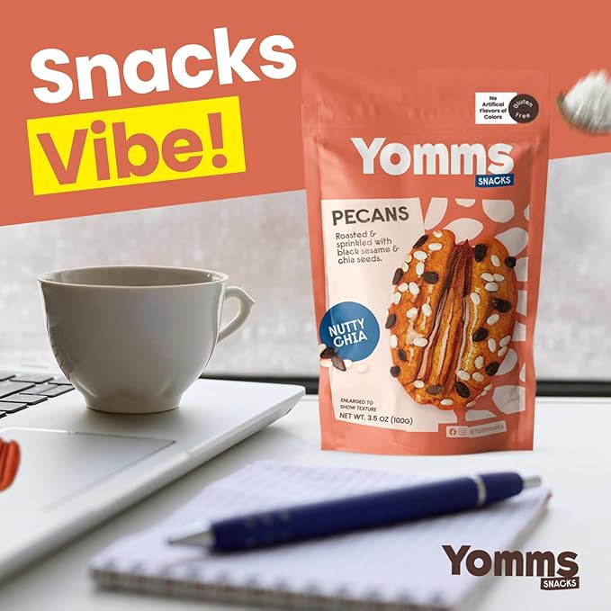 Yomms Nutty Chia Pecans Halves – Low Sugar Healthy Dessert Snack | Coconut & Crunchy Pecan Snack | Lightly Sweetened, Honey Roasted Mixed Nuts | Great for Snacking, Salads - 1.3oz - Pack of 6