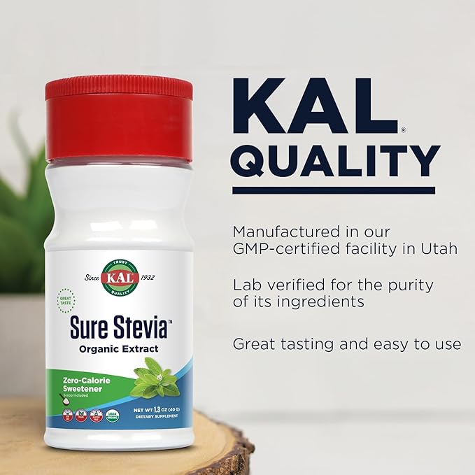 KAL Sure Stevia Extract, Organic Stevia Powder, Low Carb, Zero Calorie Sweetener, Keto Friendly, Great Taste, Low Glycemic, Vegan, Gluten Free, No Fillers, 60-Day Guarantee, Approx. 690 Servings, 1.3oz