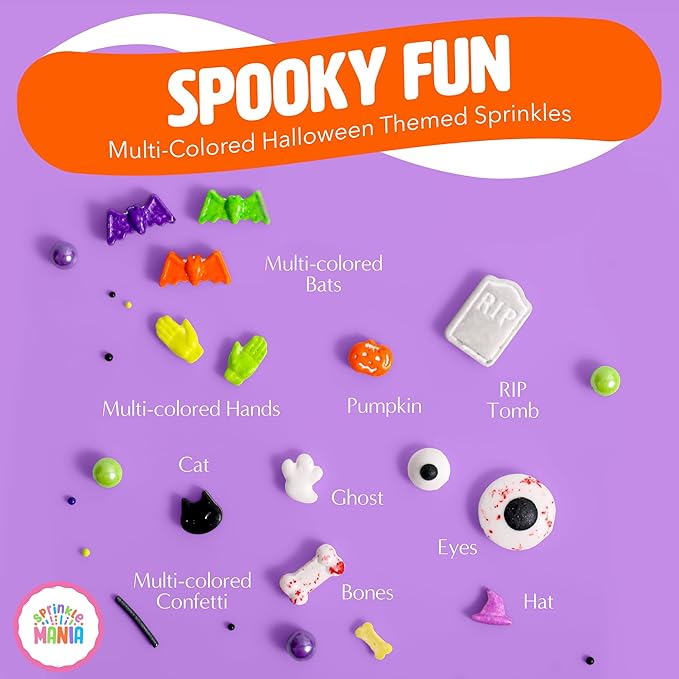 Spooky Halloween Sprinkles for Cake Decorating - Our Spooky Sprinkle Mix Includes Witch Hats, Cats, Bats, Ghosts, Eyes, Bones & Pumpkins - Halloween Decorations for Cupcakes (Haunted Fun, 3.5oz)