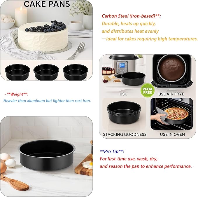 8" Round Nonstick Cake Pan Set, 3 Piece Carbon Steel Solid Bottom Baking Molds, Oven Safe - Contains 50 Sheets of Oil Paper, Essential for Home Baking with Non-Stick Coating (Black)