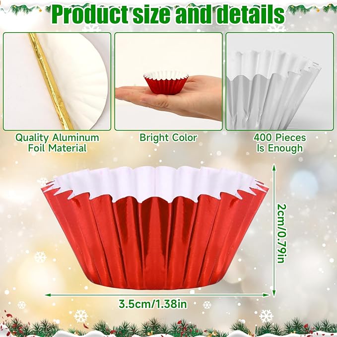 AUGSUN 400pcs Christmas Mini Foil Cupcake Liners Golden Red Green Silver Cupcake Baking Cups Metallic Mini Muffin Cupcake Wrappers for Xmas Holiday Party Cake Candy Chocolate Decorations Supplies