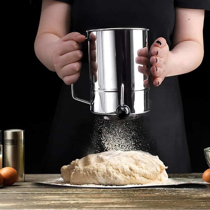 3 Pack Flour Sifter Set, 5 Cup Hand Crank Sifter with 2 Pieces Baker's Dusting Wands, Stainless Steel Fine Mesh Baking Sifter with Agitator Rotary, Powdered Sugar Duster for Baking Dessert