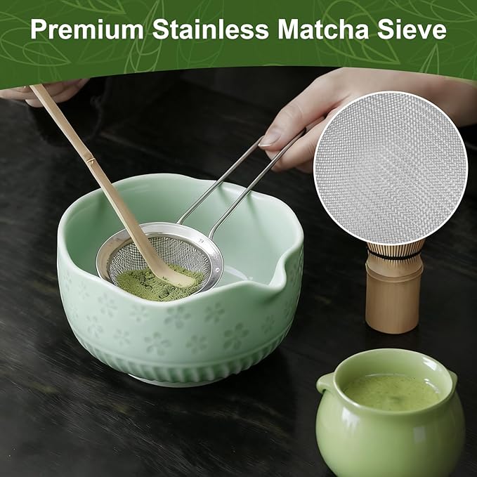 Matcha Set, 9 Pcs Ceramic Matcha Set Includes Bowl, Whisk and Holder, Bamboo Scoop, Scoop Rest, Sifter and Tea Towel ect- Complete Kit for Traditional Matcha, Modern Lattes (Green)