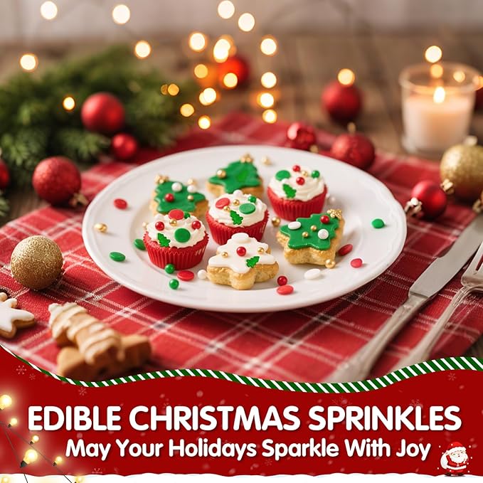 Edible Christmas Sprinkles for Cake Decorating,4 Pack 12 oz,Red White Green Gold Pearls and Christmas Confetti Trees Candy,Nonpareils Sprinkle,Red Sanding Sugar Holiday sprinkle for Cupcake Toppers, Cookie, Ice Cream Decorations Christmas Party