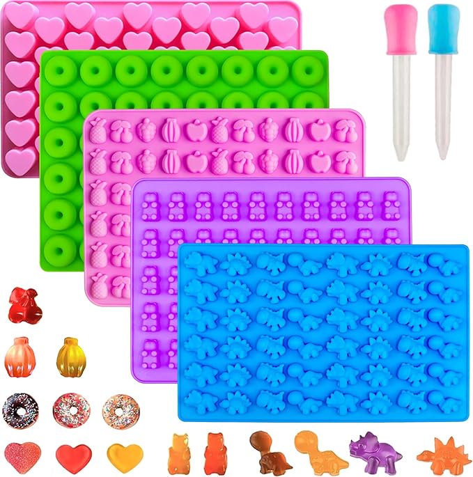 5 PCS Gummy Candy Molds Silicone, Food Grade Non-Stick Gummy Bear Mold Mini Fruit Snacks Molds BPA Free with 2 Droppers Including Mini Dinosaur, Bear, Heart, Fruit and Donut (Multicolor)