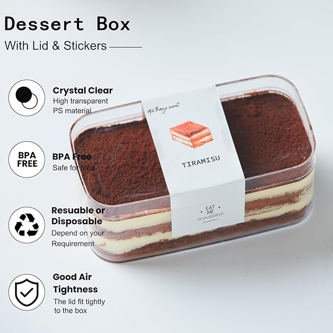 Plastic Rectangle Dessert Cups Boxes with Lids and Sporks,packaging for baked,Cookie Tiramisu Containers for Fruit,Pudding,Mousse,Parfait Cups With Lids(8, Rect 4.6*2.4*2 IN-Boxes+Sporks+stickers)