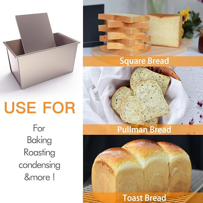 CHEFMADE Pullman Loaf Pan with Lid, 1Lb Dough Capacity Non-Stick Rectangle Flat Bread Pan Bakeware, Toast Mold with Cover for Oven Baking Cakes, Breads and Meatloaf (Champagne Gold)