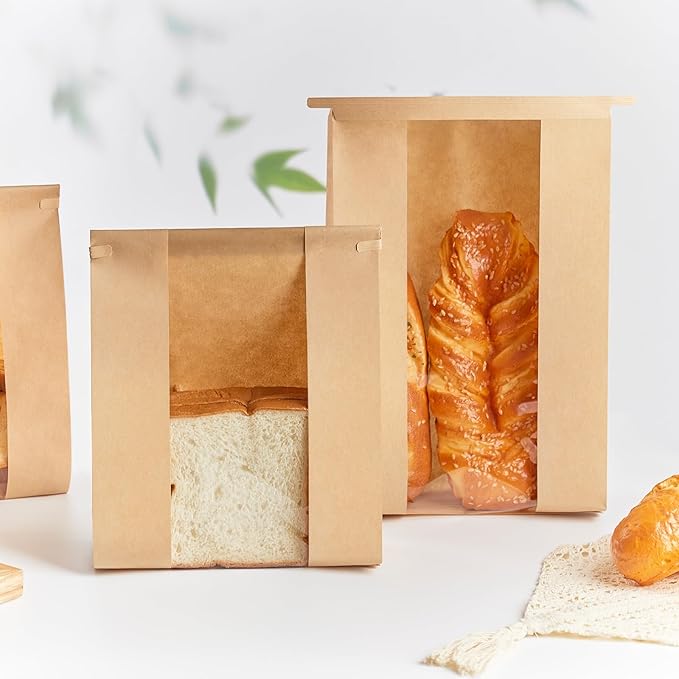 100 PCS Large Paper Bread Bags, 13.7 x 8.2 x 3.5 Inches Bakery Bags with Window, Homemade Bread Loaf Bags with Tin Tie Tab Lock and Seal Stickers