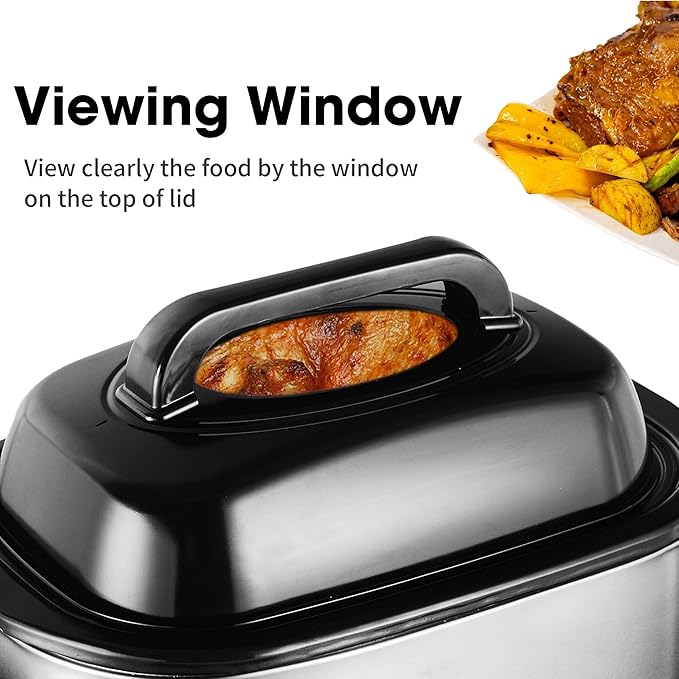 Sunvivi 26 Quart Electric Roaster Oven Turkey Roaster with Lid Electric Roasters with Removable Pan Large Roaster, Visible & Self-basting Lid, Fast Heating & Thaw/warming Setting, Silver