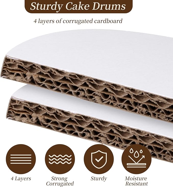 Cake Drums 10 Inch Round Cake Boards, 1/2" Thick Food-Grade Corrugated Cardboard Base, Sturdy Cake Drum Tray Smooth Edges for Cakes, Desserts and Birthday Party Pastries Display, 10 Pcs White