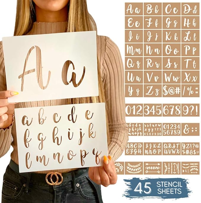 Boutique Calligraphy Stencil Template Kit - 45 Reusable Pieces - Includes Lettering Upper and Lowercase Both Large and Small, Numbers, Punctuation, Laurels and Flowers - for Arts Crafts Painting Wood