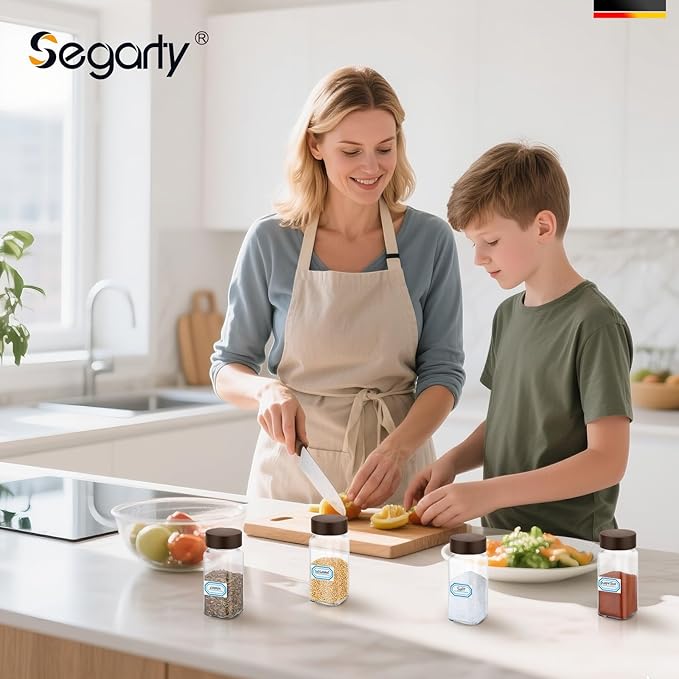 Segarty 4oz Spice Organizer Jar with Wood Lids, 6 Pack 120ml Empty Square Spices Condiments Shakers, Clear Glass Seasoning Containers Cereal Storage Set, Small Spice Bottle with 7 Stickers, 1 Brush