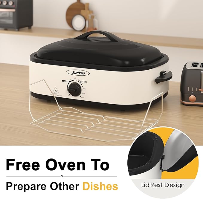 Sunvivi Electric Roaster Oven with Self-Basting Lid, 14-Quart Turkey Roaster Oven with Removable Pan and Rack, Stainless Steel, White