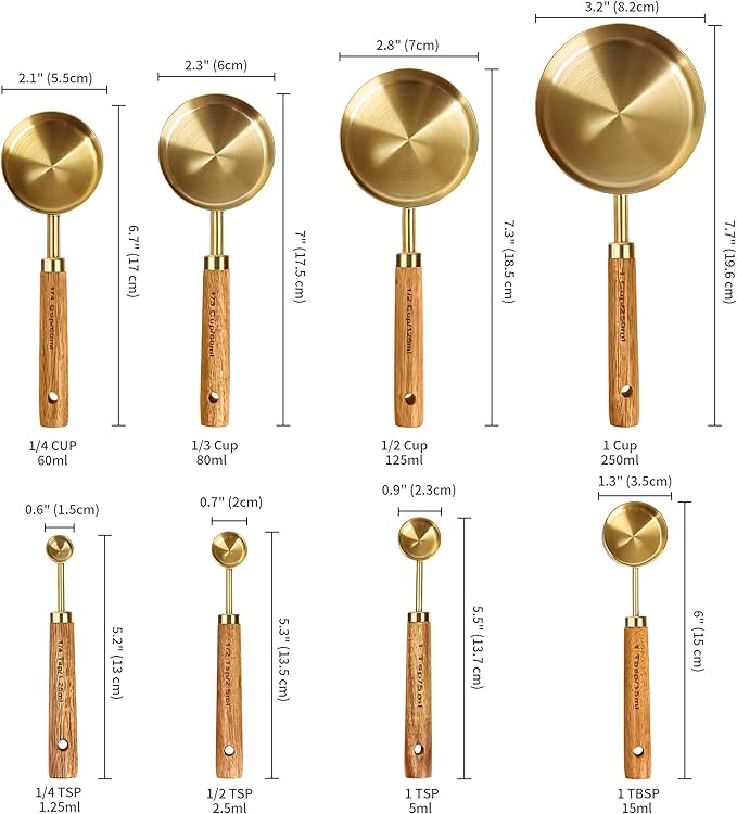 GuDoQi Gold Measuring Cups and Spoons Set of 8, Wood Handle with Metric and US Measurements, Premium Stainless Steel, Golden Polished Finish, Dry & Liquid Measuring Cup for Cooking and Baking