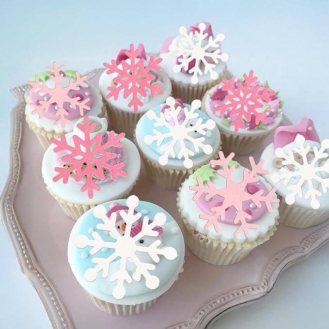 Gyufise 60Pcs Edible Snowflake Cupcake Toppers Winter Cupcake Picks Water Paper Winter Frozen Cake Decorations for Snowflake Theme Baby Shower Kids Birthday Party Supplies Light Pink White